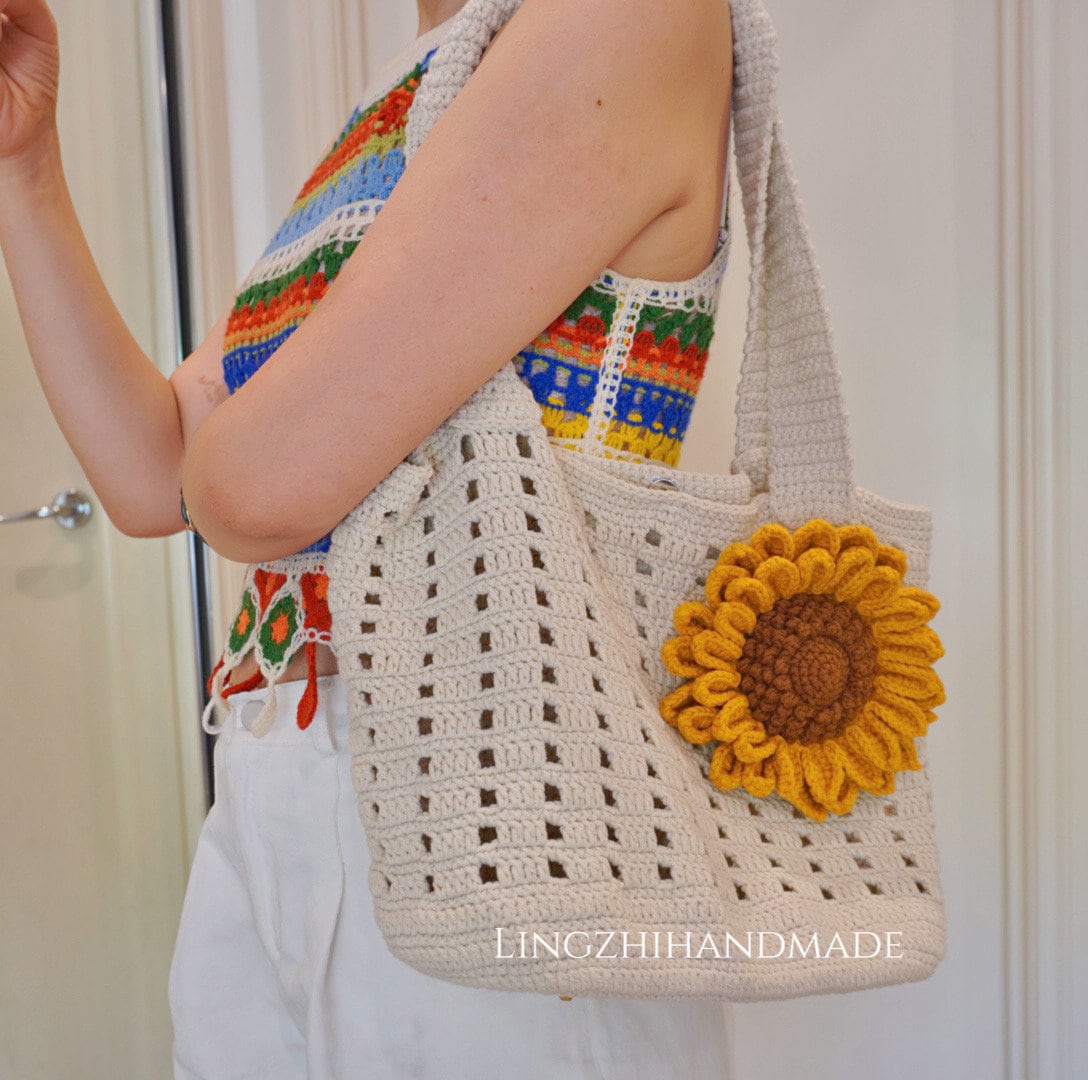 Crochet Tote Bag Sunflower Finished Handmade Bags with Crochet Flower LingzhiHandmade Gift for Her Mother&#39;s day gift