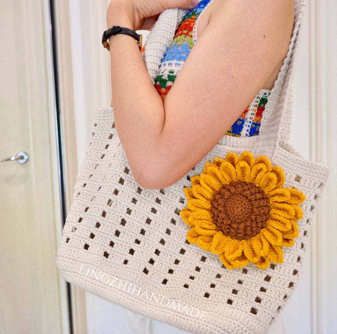 Crochet Tote Bag Sunflower Finished Handmade Bags with Crochet Flower LingzhiHandmade Gift for Her Mother&#39;s day gift