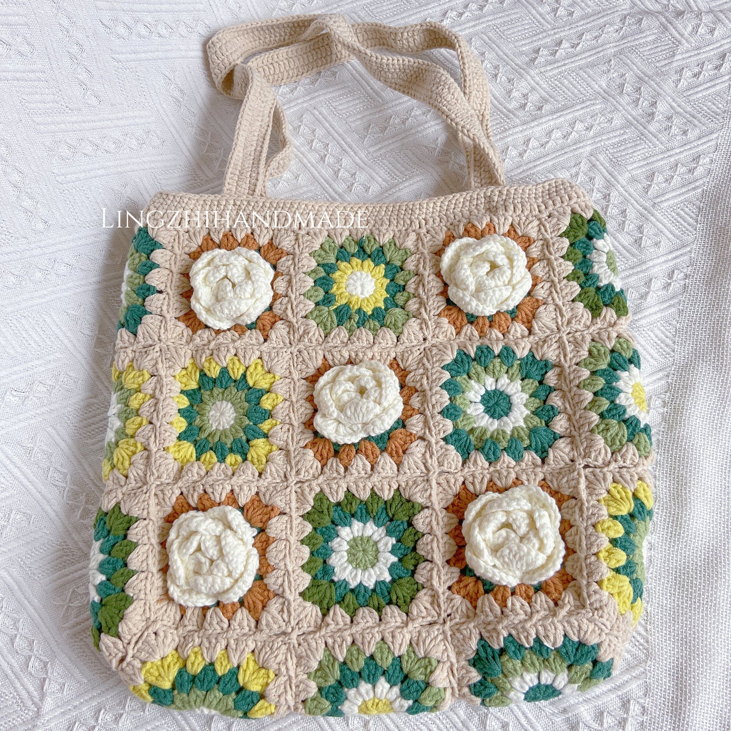 Crocheted Shoulder Bag Crochet Bag Granny Square Tote Bag Crochet Camellia Bag Handmade Bag Finished