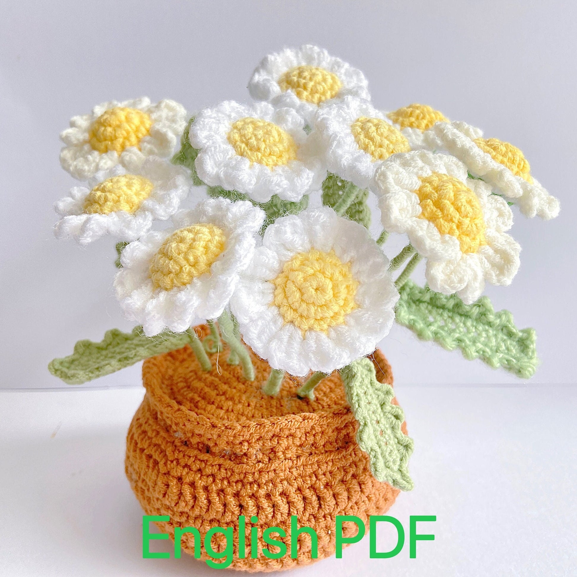 Crochet Flower Pattern. Crochet Daisy in a Pot. Crochet Flowers in a Pot. Crochet Pattern for Wedding Bouquets and Home Decoration